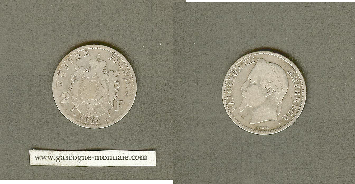 2 francs Napoleon III 1869BB gF/aVF